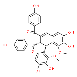 ChemSpider 2D Image | [(1S,2S)-1-(3,4-Dihydroxy-2-methoxyphenyl)-6,7-dihydroxy-8-methoxy-1,2-dihydronaphthalene-2,3-diyl]bis[(4-hydroxyphenyl)methanone] | C32H26O10