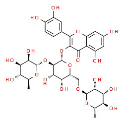 ChemSpider 2D Image | 2-(3,4-Dihydroxyphenyl)-5,7-dihydroxy-4-oxo-4H-chromen-3-yl 6-deoxy-alpha-L-mannopyranosyl-(1->2)-[6-deoxy-alpha-L-mannopyranosyl-(1->6)]-beta-D-galactopyranoside | C33H40O20