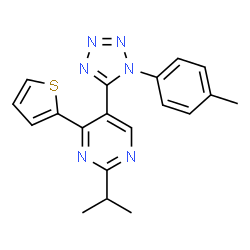 ChemSpider 2D Image | 2-Isopropyl-5-[1-(4-methylphenyl)-1H-tetrazol-5-yl]-4-(2-thienyl)pyrimidine | C19H18N6S