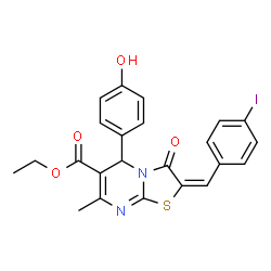 ChemSpider 2D Image | Ethyl (2E)-5-(4-hydroxyphenyl)-2-(4-iodobenzylidene)-7-methyl-3-oxo-2,3-dihydro-5H-[1,3]thiazolo[3,2-a]pyrimidine-6-carboxylate | C23H19IN2O4S