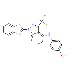 ChemSpider 2D Image | (4E)-2-(1,3-Benzothiazol-2-yl)-4-{1-[(4-methoxyphenyl)amino]propylidene}-5-(trifluoromethyl)-2,4-dihydro-3H-pyrazol-3-one | C21H17F3N4O2S