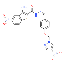 ChemSpider 2D Image | 3-Amino-5-nitro-N'-[(Z)-{4-[(4-nitro-1H-pyrazol-1-yl)methoxy]phenyl}methylene]-1-benzothiophene-2-carbohydrazide | C20H15N7O6S