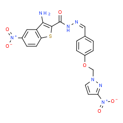 ChemSpider 2D Image | 3-Amino-5-nitro-N'-[(Z)-{4-[(3-nitro-1H-pyrazol-1-yl)methoxy]phenyl}methylene]-1-benzothiophene-2-carbohydrazide | C20H15N7O6S