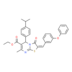 ChemSpider 2D Image | Ethyl (2E)-5-(4-isopropylphenyl)-7-methyl-3-oxo-2-(3-phenoxybenzylidene)-2,3-dihydro-5H-[1,3]thiazolo[3,2-a]pyrimidine-6-carboxylate | C32H30N2O4S