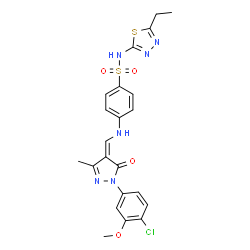 ChemSpider 2D Image | 4-({(Z)-[1-(4-Chloro-3-methoxyphenyl)-3-methyl-5-oxo-1,5-dihydro-4H-pyrazol-4-ylidene]methyl}amino)-N-(5-ethyl-1,3,4-thiadiazol-2-yl)benzenesulfonamide | C22H21ClN6O4S2