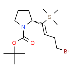 ChemSpider 2D Image | 2-Methyl-2-propanyl (2R)-2-[(1Z)-4-bromo-1-(trimethylsilyl)-1-buten-1-yl]-1-pyrrolidinecarboxylate | C16H30BrNO2Si