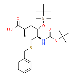 ChemSpider 2D Image | 6-S-Benzyl-2,3,5-trideoxy-4-O-[dimethyl(2-methyl-2-propanyl)silyl]-2-methyl-5-({[(2-methyl-2-propanyl)oxy]carbonyl}amino)-6-thio-L-lyxo-hexonic acid | C25H43NO5SSi