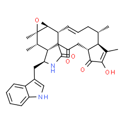 ChemSpider 2D Image | (3aR,8S,8aR,9S,9aR,10aS,10bR,11E,14S,14aR)-2-Hydroxy-8-(1H-indol-3-ylmethyl)-1,9,9a,14-tetramethyl-3a,4,7,8,8a,9,9a,10a,10b,13,14,14a-dodecahydro-3H-cyclopenta[7,8]cyclodeca[1,2-d]oxireno[f]isoindole-
3,5,6-trione | C32H36N2O5