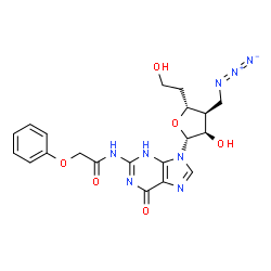 ChemSpider 2D Image | 9-[3-(Azidomethyl)-3,5-dideoxy-beta-D-ribo-hexofuranosyl]-2-[(phenoxyacetyl)amino]-3,9-dihydro-6H-purin-6-one | C20H22N8O6