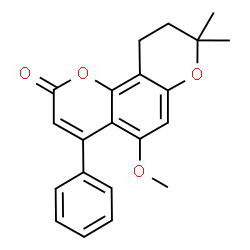 ChemSpider 2D Image | 5-Methoxy-8,8-dimethyl-4-phenyl-9,10-dihydropyrano[2,3-f]chromen-2(8H)-one | C21H20O4