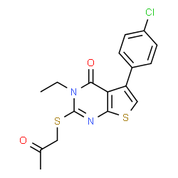 ChemSpider 2D Image | 5-(4-Chlorophenyl)-3-ethyl-2-[(2-oxopropyl)sulfanyl]thieno[2,3-d]pyrimidin-4(3H)-one | C17H15ClN2O2S2