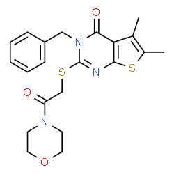 ChemSpider 2D Image | 3-Benzyl-5,6-dimethyl-2-{[2-(4-morpholinyl)-2-oxoethyl]sulfanyl}thieno[2,3-d]pyrimidin-4(3H)-one | C21H23N3O3S2