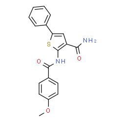 ChemSpider 2D Image | 2-[(4-Methoxybenzoyl)amino]-5-phenyl-3-thiophenecarboxamide | C19H16N2O3S