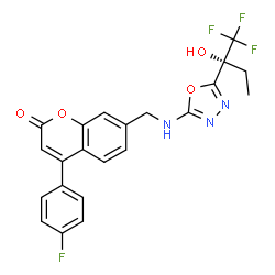 ChemSpider 2D Image | 4-(4-Fluorophenyl)-7-[({5-[(2R)-1,1,1-trifluoro-2-hydroxy-2-butanyl]-1,3,4-oxadiazol-2-yl}amino)methyl]-2H-chromen-2-one | C22H17F4N3O4