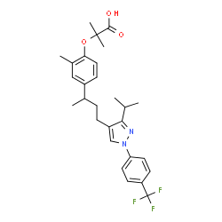 ChemSpider 2D Image | 2-[4-(4-{3-Isopropyl-1-[4-(trifluoromethyl)phenyl]-1H-pyrazol-4-yl}-2-butanyl)-2-methylphenoxy]-2-methylpropanoic acid | C28H33F3N2O3