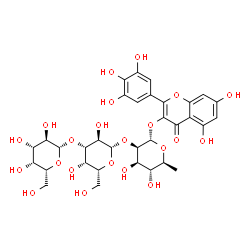 ChemSpider 2D Image | 5,7-Dihydroxy-4-oxo-2-(3,4,5-trihydroxyphenyl)-4H-chromen-3-yl beta-D-galactopyranosyl-(1->3)-beta-D-galactopyranosyl-(1->2)-6-deoxy-alpha-L-mannopyranoside | C33H40O22