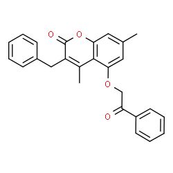 ChemSpider 2D Image | 2H-1-benzopyran-2-one, 4,7-dimethyl-5-(2-oxo-2-phenylethoxy)-3-(phenylmethyl)- | C26H22O4