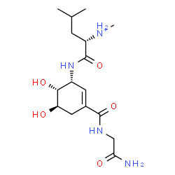 ChemSpider 2D Image | (2S)-1-({(1R,5R,6R)-3-[(2-Amino-2-oxoethyl)carbamoyl]-5,6-dihydroxy-2-cyclohexen-1-yl}amino)-N,4-dimethyl-1-oxo-2-pentanaminium | C16H29N4O5