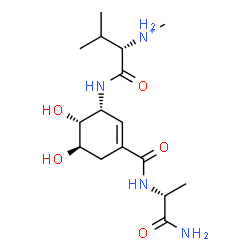 ChemSpider 2D Image | (2S)-1-{[(1R,5R,6R)-3-{[(2R)-1-Amino-1-oxo-2-propanyl]carbamoyl}-5,6-dihydroxy-2-cyclohexen-1-yl]amino}-N,3-dimethyl-1-oxo-2-butanaminium | C16H29N4O5