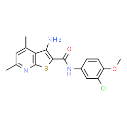 ChemSpider 2D Image | 3-Amino-N-(3-chloro-4-methoxyphenyl)-4,6-dimethylthieno[2,3-b]pyridine-2-carboxamide | C17H16ClN3O2S