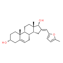 ChemSpider 2D Image | (3alpha,9beta,14beta,16E,17alpha)-16-[(5-Methyl-2-furyl)methylene]androst-5-ene-3,17-diol | C25H34O3