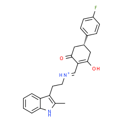 ChemSpider 2D Image | (E)-[(4R)-4-(4-Fluorophenyl)-2-hydroxy-6-oxo-1-cyclohexen-1-yl]-N-[2-(2-methyl-1H-indol-3-yl)ethyl]methaniminium | C24H24FN2O2