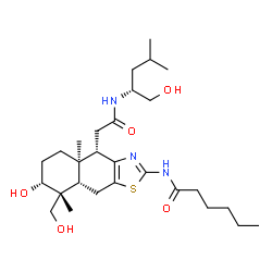 ChemSpider 2D Image | N-[(4S,4aR,7R,8R,8aS)-7-Hydroxy-8-(hydroxymethyl)-4-(2-{[(2R)-1-hydroxy-4-methyl-2-pentanyl]amino}-2-oxoethyl)-4a,8-dimethyl-4,4a,5,6,7,8,8a,9-octahydronaphtho[2,3-d][1,3]thiazol-2-yl]hexanamide | C28H47N3O5S