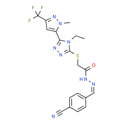 ChemSpider 2D Image | N'-[(Z)-(4-Cyanophenyl)methylene]-2-({4-ethyl-5-[1-methyl-3-(trifluoromethyl)-1H-pyrazol-5-yl]-4H-1,2,4-triazol-3-yl}sulfanyl)acetohydrazide | C19H17F3N8OS