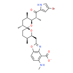 ChemSpider 2D Image | 2-({(2S,3S,6R,8S,9R,11R)-8-[(2R)-1-(4-Bromo-1H-pyrrol-2-yl)-1-oxo-2-propanyl]-3,9,11-trimethyl-1,7-dioxaspiro[5.5]undec-2-yl}methyl)-5-(methylamino)-1,3-benzoxazole-4-carboxylate | C29H35BrN3O6