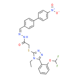 ChemSpider 2D Image | 2-({5-[2-(Difluoromethoxy)phenyl]-4-ethyl-4H-1,2,4-triazol-3-yl}sulfanyl)-N'-[(Z)-(4'-nitro-4-biphenylyl)methylene]acetohydrazide | C26H22F2N6O4S
