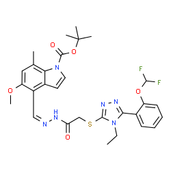 ChemSpider 2D Image | 2-Methyl-2-propanyl 4-[(Z)-{[({5-[2-(difluoromethoxy)phenyl]-4-ethyl-4H-1,2,4-triazol-3-yl}sulfanyl)acetyl]hydrazono}methyl]-5-methoxy-7-methyl-1H-indole-1-carboxylate | C29H32F2N6O5S