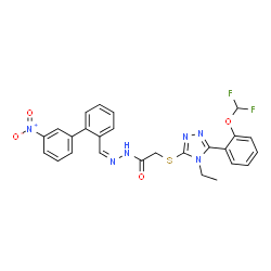 ChemSpider 2D Image | 2-({5-[2-(Difluoromethoxy)phenyl]-4-ethyl-4H-1,2,4-triazol-3-yl}sulfanyl)-N'-[(Z)-(3'-nitro-2-biphenylyl)methylene]acetohydrazide | C26H22F2N6O4S