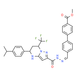 ChemSpider 2D Image | Methyl 4'-[(Z)-({[5-(4-isopropylphenyl)-7-(trifluoromethyl)-4,5,6,7-tetrahydropyrazolo[1,5-a]pyrimidin-2-yl]carbonyl}hydrazono)methyl]-4-biphenylcarboxylate | C32H30F3N5O3
