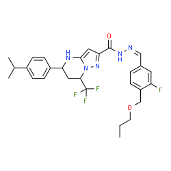 ChemSpider 2D Image | N'-{(Z)-[3-Fluoro-4-(propoxymethyl)phenyl]methylene}-5-(4-isopropylphenyl)-7-(trifluoromethyl)-4,5,6,7-tetrahydropyrazolo[1,5-a]pyrimidine-2-carbohydrazide | C28H31F4N5O2