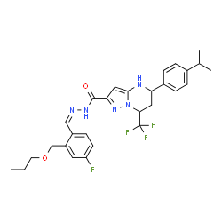 ChemSpider 2D Image | N'-{(Z)-[4-Fluoro-2-(propoxymethyl)phenyl]methylene}-5-(4-isopropylphenyl)-7-(trifluoromethyl)-4,5,6,7-tetrahydropyrazolo[1,5-a]pyrimidine-2-carbohydrazide | C28H31F4N5O2