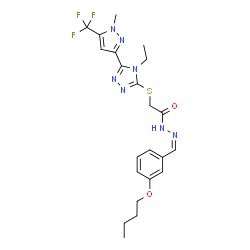 ChemSpider 2D Image | N'-[(Z)-(3-Butoxyphenyl)methylene]-2-({4-ethyl-5-[1-methyl-5-(trifluoromethyl)-1H-pyrazol-3-yl]-4H-1,2,4-triazol-3-yl}sulfanyl)acetohydrazide | C22H26F3N7O2S