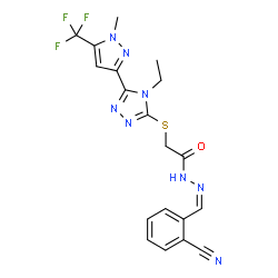 ChemSpider 2D Image | N'-[(Z)-(2-Cyanophenyl)methylene]-2-({4-ethyl-5-[1-methyl-5-(trifluoromethyl)-1H-pyrazol-3-yl]-4H-1,2,4-triazol-3-yl}sulfanyl)acetohydrazide | C19H17F3N8OS