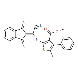 ChemSpider 2D Image | Methyl 2-{[cyano(1,3-dioxo-1,3-dihydro-2H-inden-2-ylidene)methyl]amino}-5-methyl-4-phenyl-3-thiophenecarboxylate | C24H16N2O4S