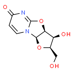 ChemSpider 2D Image | (2R,3S,3aS,9aR)-3-Hydroxy-2-(hydroxymethyl)-2,3,3a,9a-tetrahydro-6H-furo[2',3':4,5][1,3]oxazolo[3,2-a]pyrimidin-6-one | C9H10N2O5