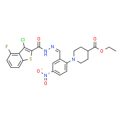 ChemSpider 2D Image | Ethyl 1-{2-[(Z)-{[(3-chloro-4-fluoro-1-benzothiophen-2-yl)carbonyl]hydrazono}methyl]-4-nitrophenyl}-4-piperidinecarboxylate | C24H22ClFN4O5S