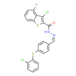 ChemSpider 2D Image | 3-Chloro-N'-[(Z)-{4-[(2-chlorophenyl)sulfanyl]phenyl}methylene]-4-fluoro-1-benzothiophene-2-carbohydrazide | C22H13Cl2FN2OS2