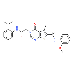 ChemSpider 2D Image | thieno[2,3-d]pyrimidine-3(4H)-acetamide, 6-[[(2-methoxyphenyl)amino]carbonyl]-5-methyl-N-[2-(1-methylethyl)phenyl]-4-oxo- | C26H26N4O4S