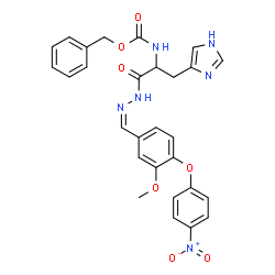 ChemSpider 2D Image | Benzyl [3-(1H-imidazol-4-yl)-1-{(2Z)-2-[3-methoxy-4-(4-nitrophenoxy)benzylidene]hydrazino}-1-oxo-2-propanyl]carbamate (non-preferred name) | C28H26N6O7