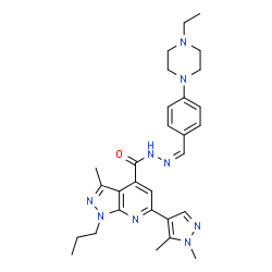 ChemSpider 2D Image | 6-(1,5-Dimethyl-1H-pyrazol-4-yl)-N'-{(Z)-[4-(4-ethyl-1-piperazinyl)phenyl]methylene}-3-methyl-1-propyl-1H-pyrazolo[3,4-b]pyridine-4-carbohydrazide | C29H37N9O