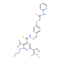 ChemSpider 2D Image | 2-{4-[(Z)-({[6-(1,5-Dimethyl-1H-pyrazol-4-yl)-3-methyl-1-propyl-1H-pyrazolo[3,4-b]pyridin-4-yl]carbonyl}hydrazono)methyl]phenoxy}-N-(2-pyridinyl)acetamide | C30H31N9O3