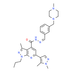 ChemSpider 2D Image | 6-(1,5-Dimethyl-1H-pyrazol-4-yl)-3-methyl-N'-[(Z)-{3-[(4-methyl-1-piperazinyl)methyl]phenyl}methylene]-1-propyl-1H-pyrazolo[3,4-b]pyridine-4-carbohydrazide | C29H37N9O