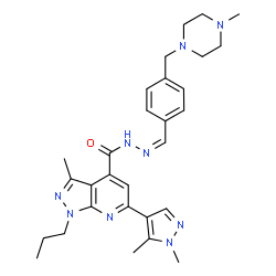 ChemSpider 2D Image | 6-(1,5-Dimethyl-1H-pyrazol-4-yl)-3-methyl-N'-[(Z)-{4-[(4-methyl-1-piperazinyl)methyl]phenyl}methylene]-1-propyl-1H-pyrazolo[3,4-b]pyridine-4-carbohydrazide | C29H37N9O