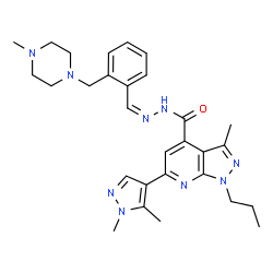 ChemSpider 2D Image | 6-(1,5-Dimethyl-1H-pyrazol-4-yl)-3-methyl-N'-[(Z)-{2-[(4-methyl-1-piperazinyl)methyl]phenyl}methylene]-1-propyl-1H-pyrazolo[3,4-b]pyridine-4-carbohydrazide | C29H37N9O