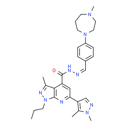 ChemSpider 2D Image | 6-(1,5-Dimethyl-1H-pyrazol-4-yl)-3-methyl-N'-{(Z)-[4-(4-methyl-1,4-diazepan-1-yl)phenyl]methylene}-1-propyl-1H-pyrazolo[3,4-b]pyridine-4-carbohydrazide | C29H37N9O
