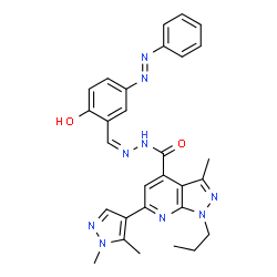 ChemSpider 2D Image | 6-(1,5-Dimethyl-1H-pyrazol-4-yl)-N'-[(Z)-{2-hydroxy-5-[(E)-phenyldiazenyl]phenyl}methylene]-3-methyl-1-propyl-1H-pyrazolo[3,4-b]pyridine-4-carbohydrazide | C29H29N9O2